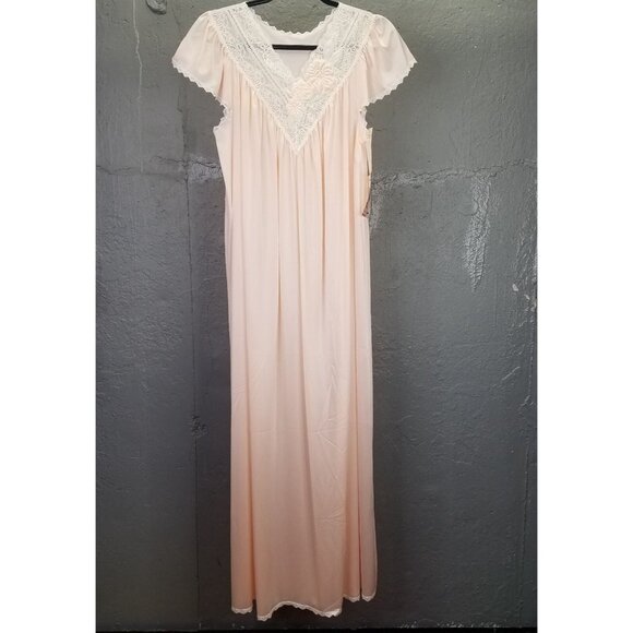 Vintage Shadowline Night Gown Sz S Maxi Peach Pink Nylon Puffy Flower USA NEW - Picture 1 of 16